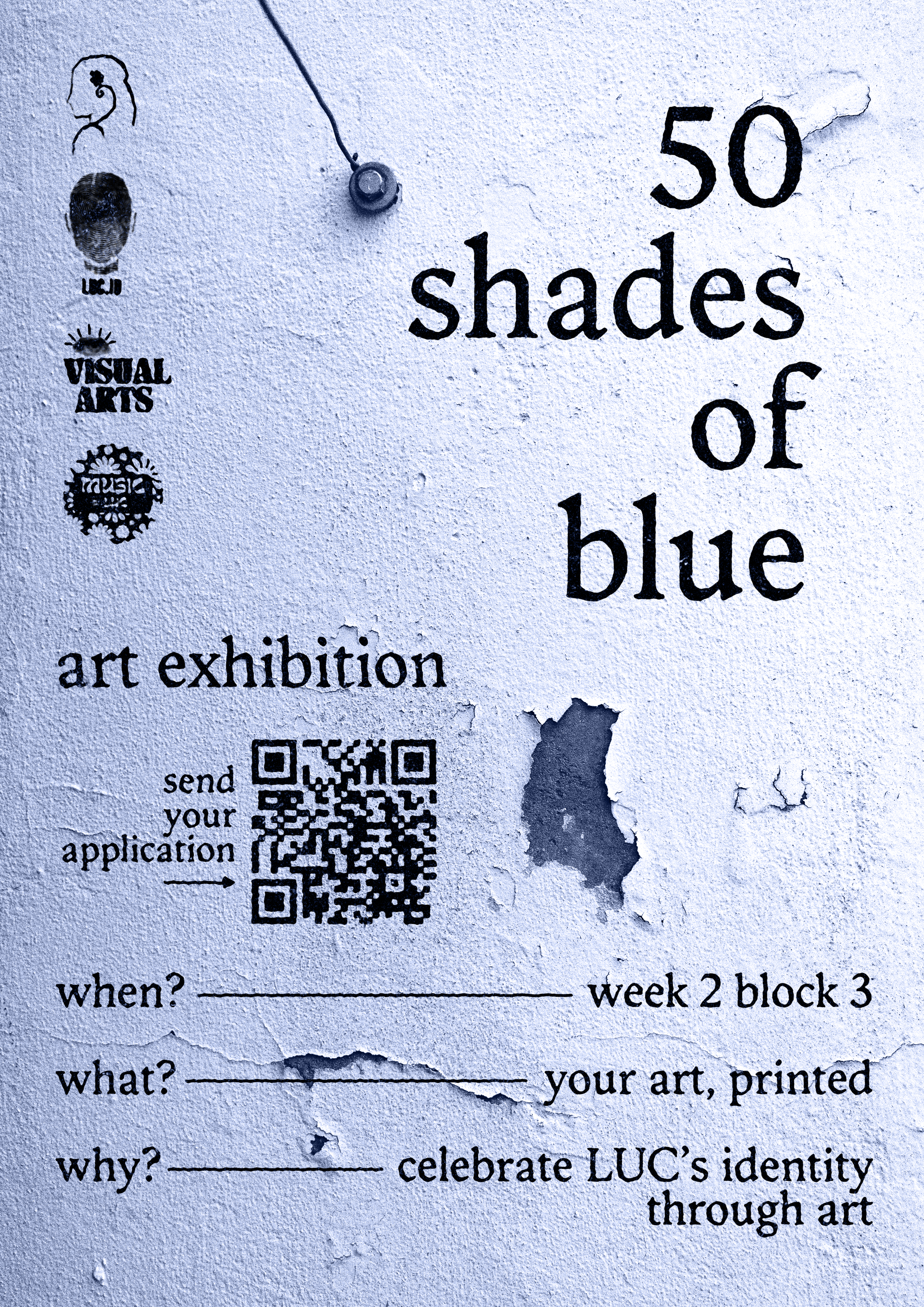 Poster announcing student-led exhibition '50 Shades of Blue' at Leiden University College (2025)